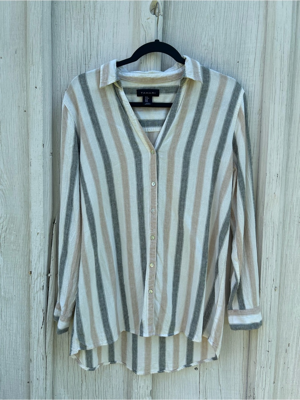 Tahari Linen Blend Striped Button Up Shirt Women's M | Neutral Beachy